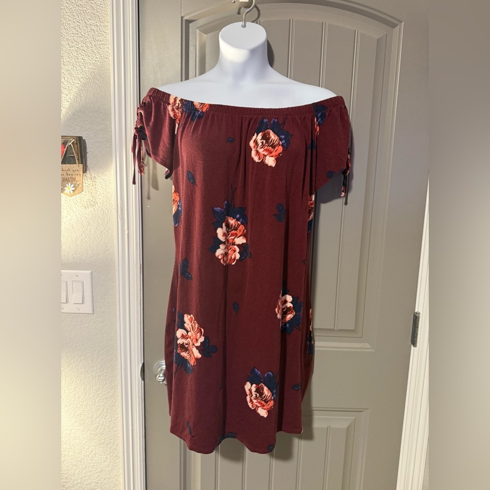 Maurices Maroon Floral Off-Shoulder Midi Dress